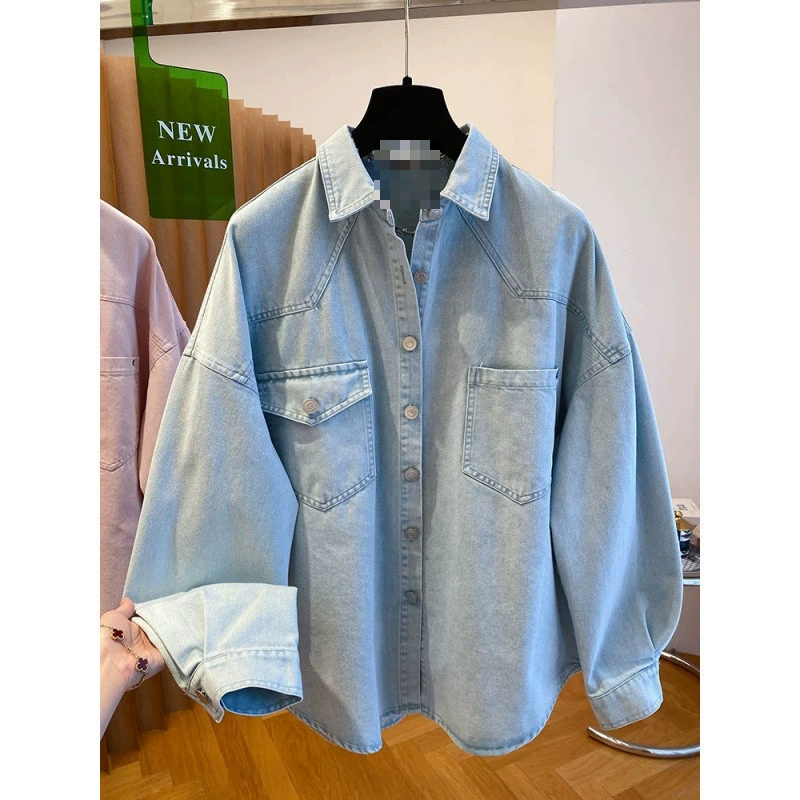 YS8 высококачественная ретро джинсовая рубашка светло-голубого цвета для женщин 2025 новый свободный тонкий жакет-рубашка