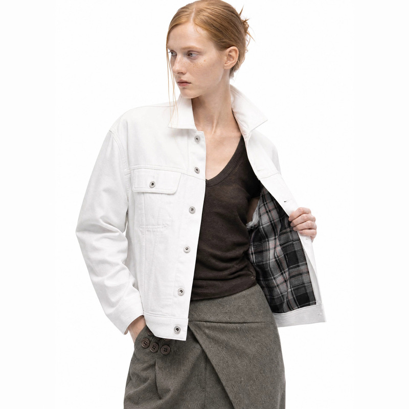 "American retro" autumn corduroy lapel jacket with plaid lining, short and wide silhouette denim coat