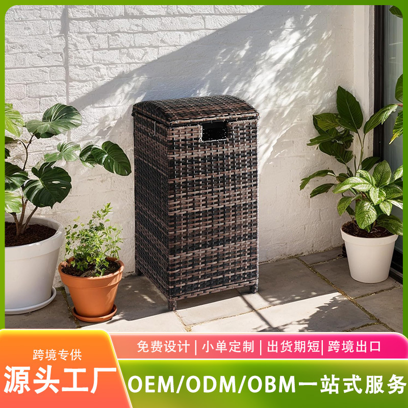 Rattan Trash Can with Lid, Outdoor Trash Can, Indoor Laundry Basket, Wicker Courtyard Kitchen Trash Can