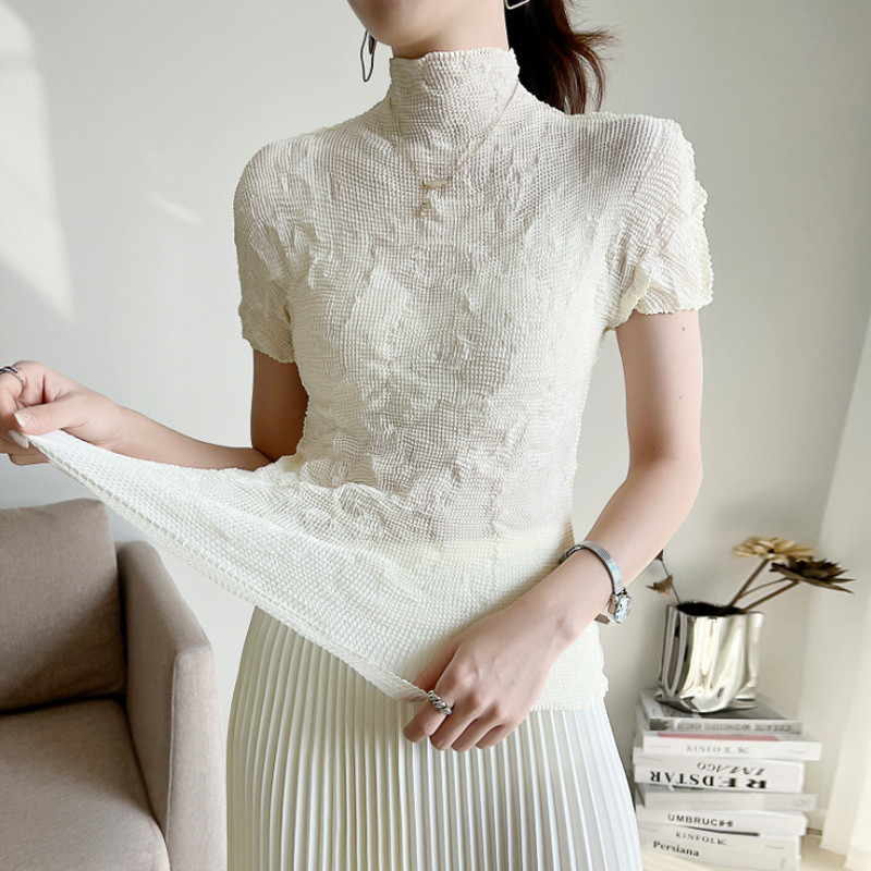 플리츠 탑 여성 바닥 셔츠 여름 새로운 기질 하이 칼라 슬림 슬림 미야케 여성용 얇은 반팔 티셔츠