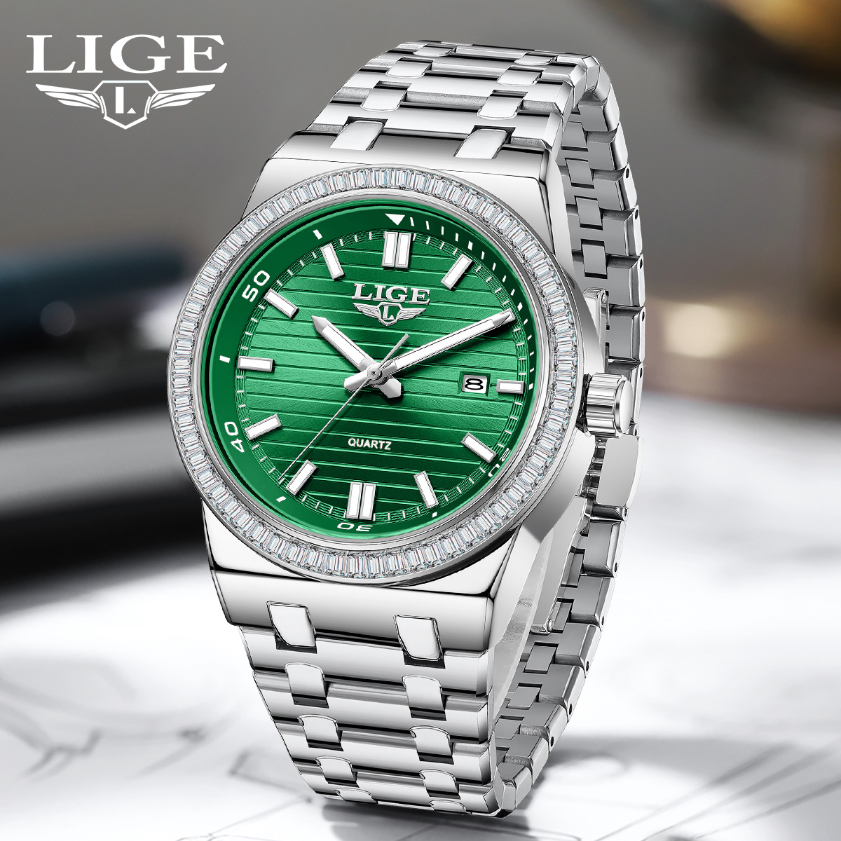 Lige/ Cross-Border Hot Selling Diamond-Set Quartz Watch Multi-Function Calendar Steel Belt Men's and Women's Couple Watches