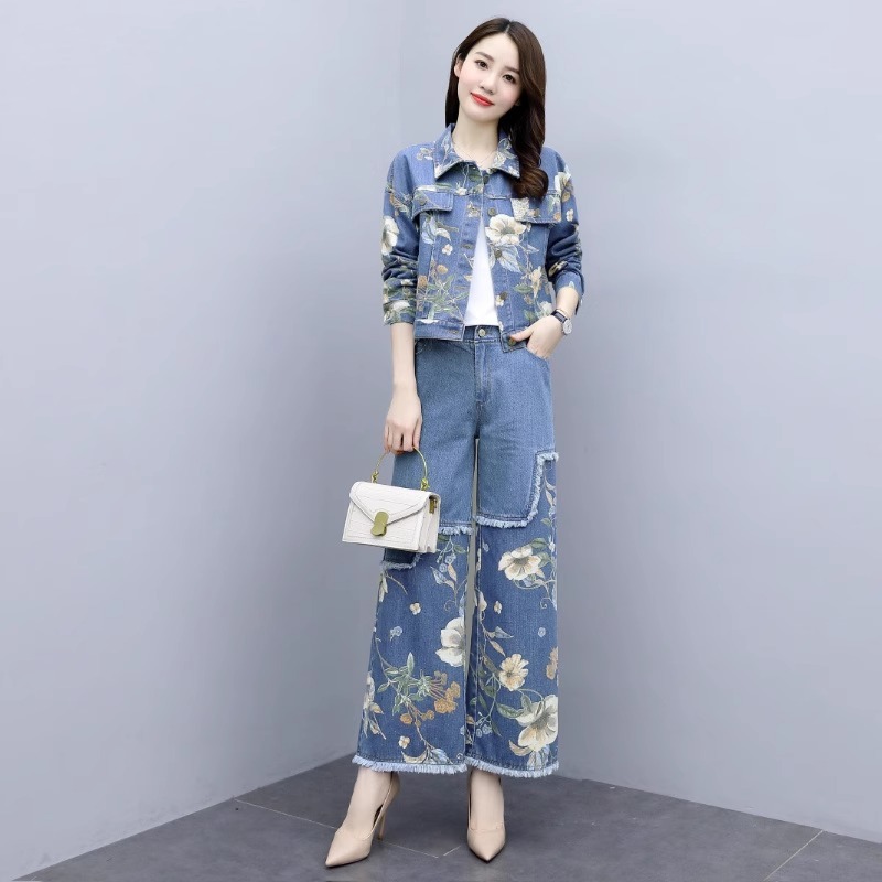 春秋装休闲职业时尚套装2025年新款女装洋气显瘦牛仔阔腿裤两件套|undefined