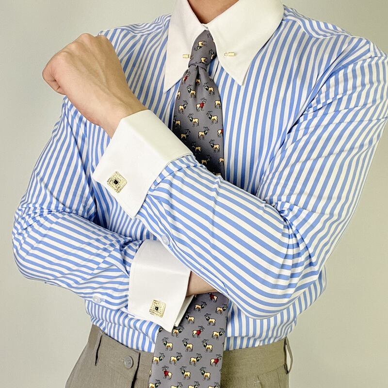 Versatile Pinhole Collar Color-Block Shirt, Empire Collar Men's Long-Sleeve Striped Top, High Cotton French-Style Sleeves, Business Commute