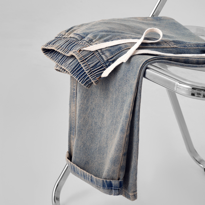 American Loose Washed Men's Jeans 2025 Spring and Summer New Versatile Drawstring Style Distressed Trousers Men's Straight Pants