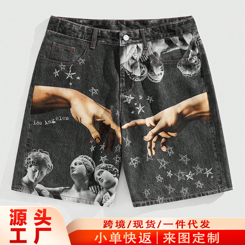 Pantalones de cinco puntos de mezclilla impresos europeos y americanos transfronterizos para hombres con impresión de material 3D inyección directa tendencia personalidad pantalones cortos casuales