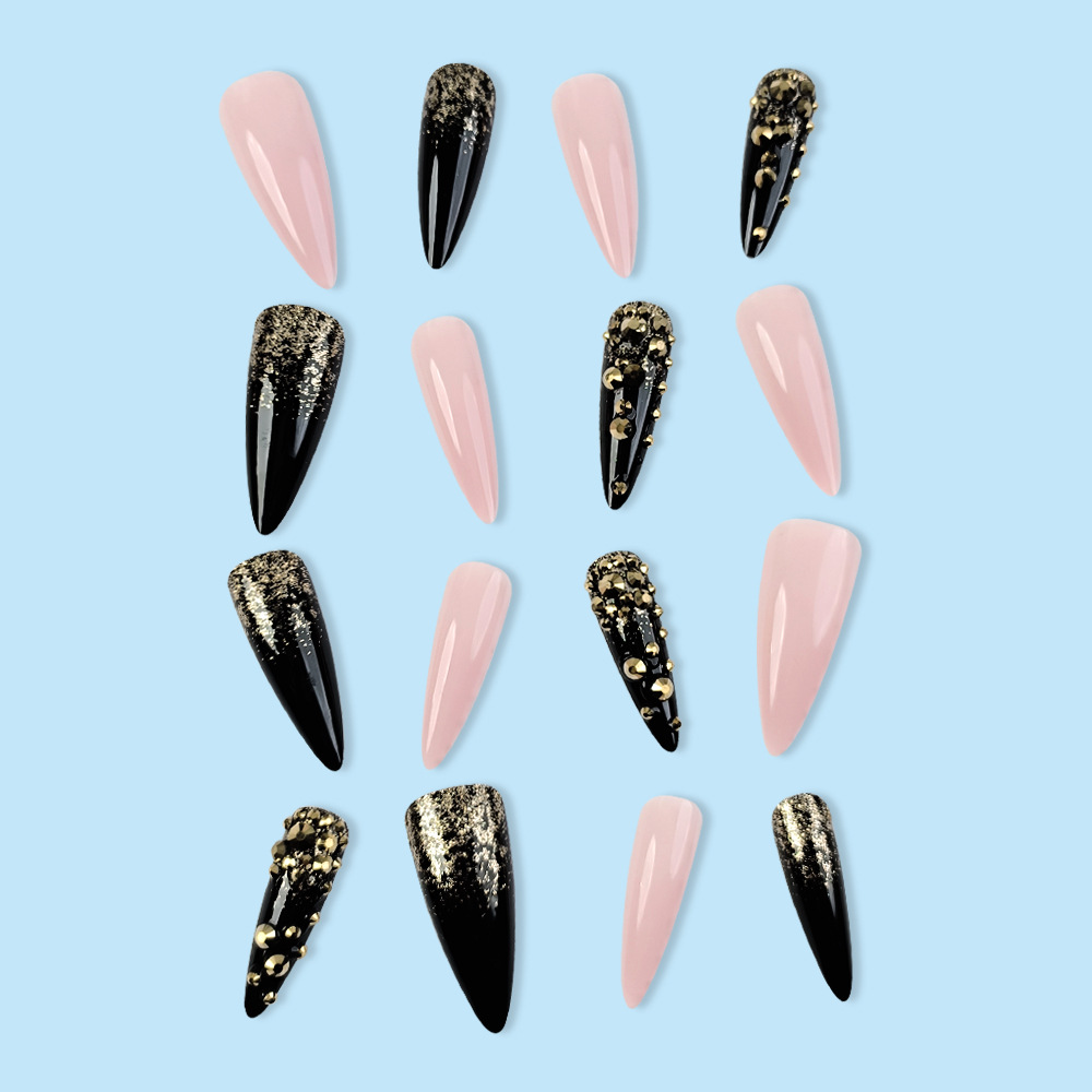 Uñas postizas europeas y americanas de moda, estilo sexy, piezas de uñas con diamantes de imitación en rosa y negro, uñas postizas largas a presión