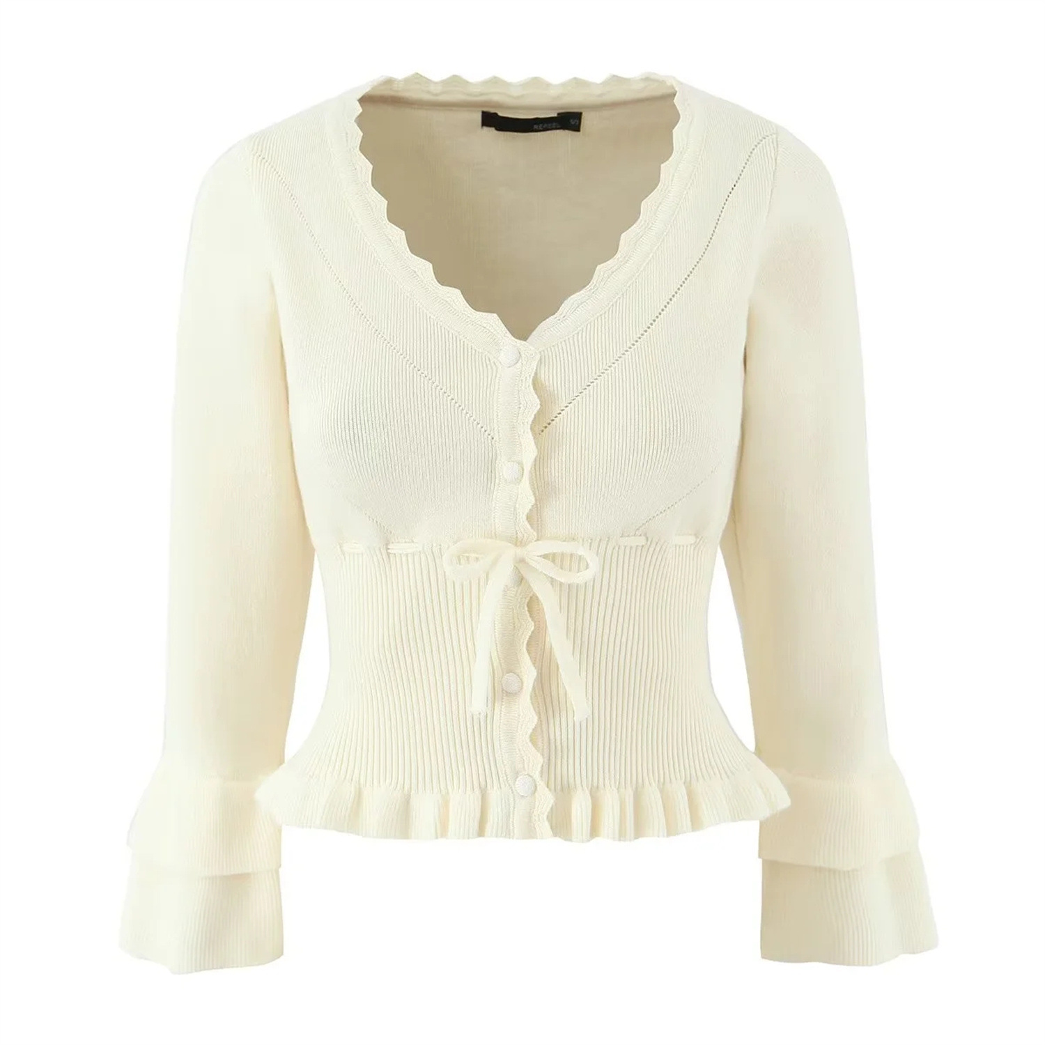 法式温柔风荷叶边v领针织小开衫女秋季气质显瘦收腰短款辣妹上衣