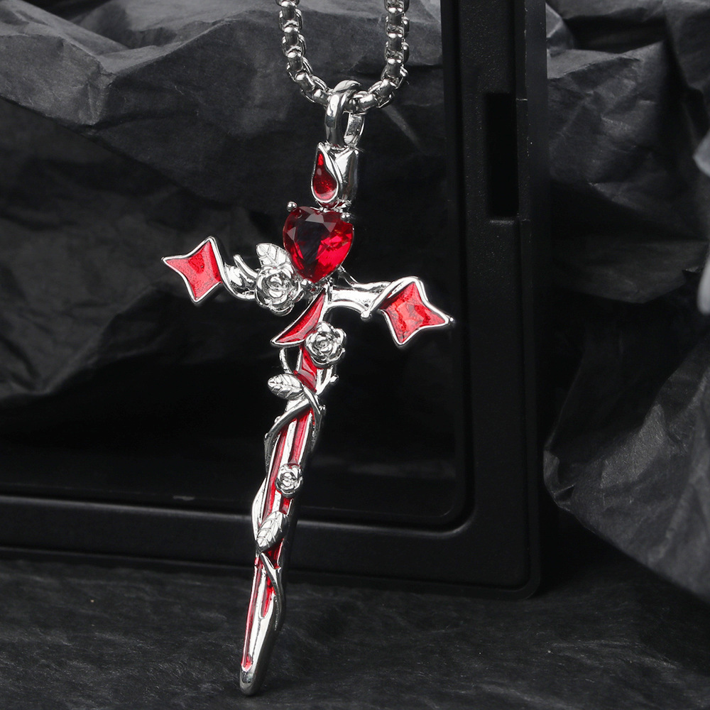 Men's Thorn Rose Cross Necklace, Personalized Rhinestone Pendant_voghion.com