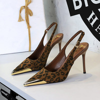 373-32 metal pointed banquet high heels, slim heels, super high heels, leopard print, shallow mouth, hollowed out back strap, single shoe