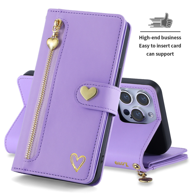 PL golden zipper card holder leather case for Apple 15 phone case 14pro bracket XR13 multi-card gilding heart