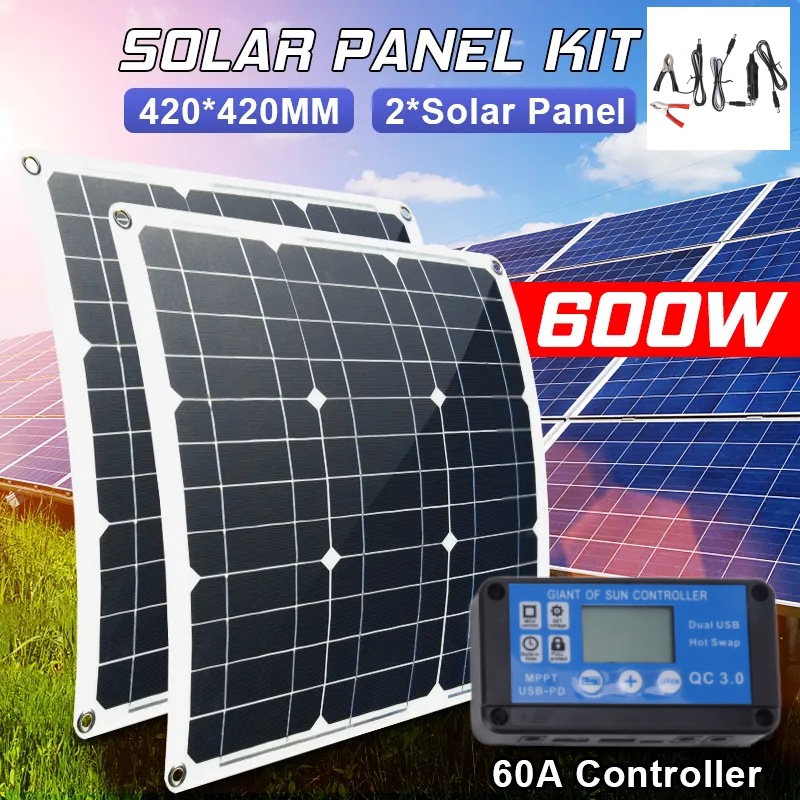 太阳能电池板600W12V电池充电60A控制器手机RV汽车充电器户外供电