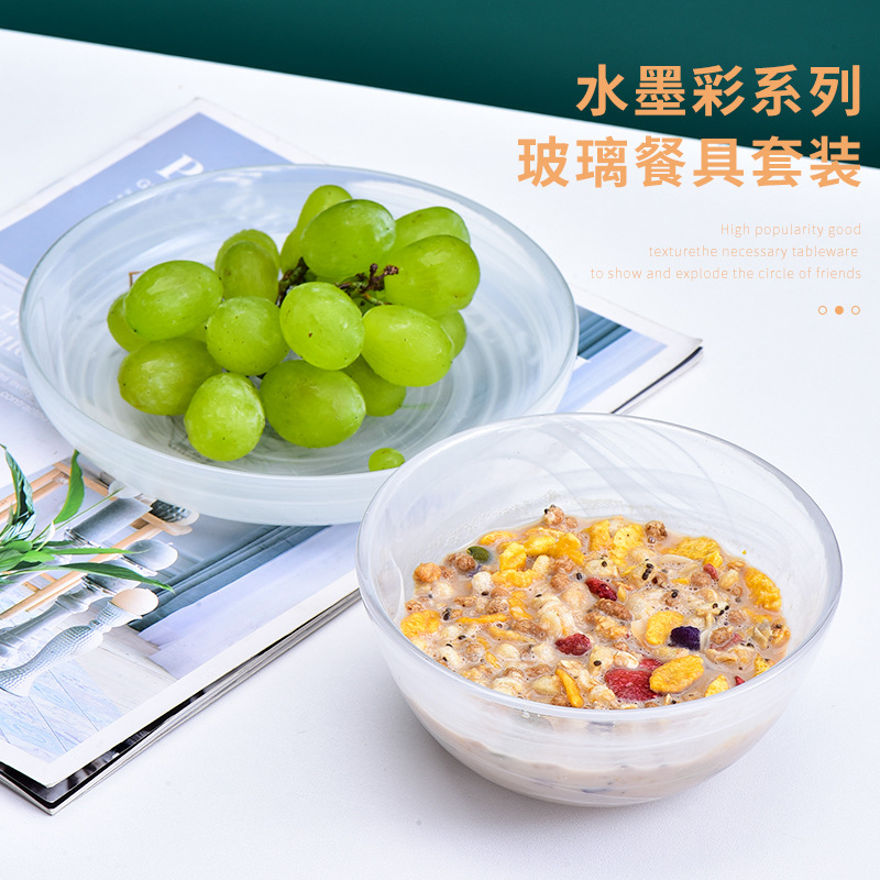 French crystal glass bowl set plate tableware living room household Chinese creative ink fruit salad bowl rice bowl