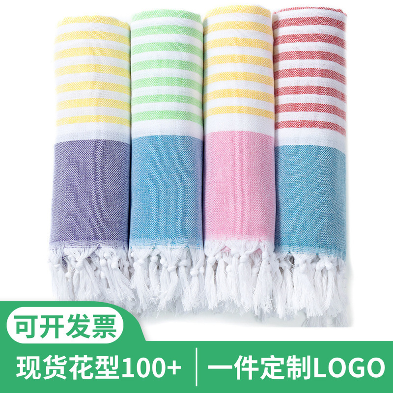 Cross-Border Best-Selling Turkish Cotton Striped Beach Towel with Tassels, Oversized Towel, Quick-Drying, Soft Shawl