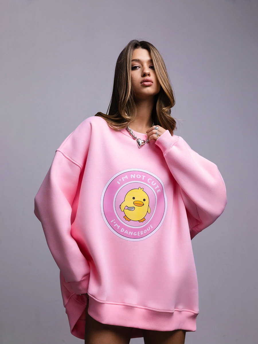 Transfronterizos cuello redondo impresión jersey Europa y América 2025 otoño nuevo estilo de mujer estilo deportivo pato amarillo + letras impresión jersey