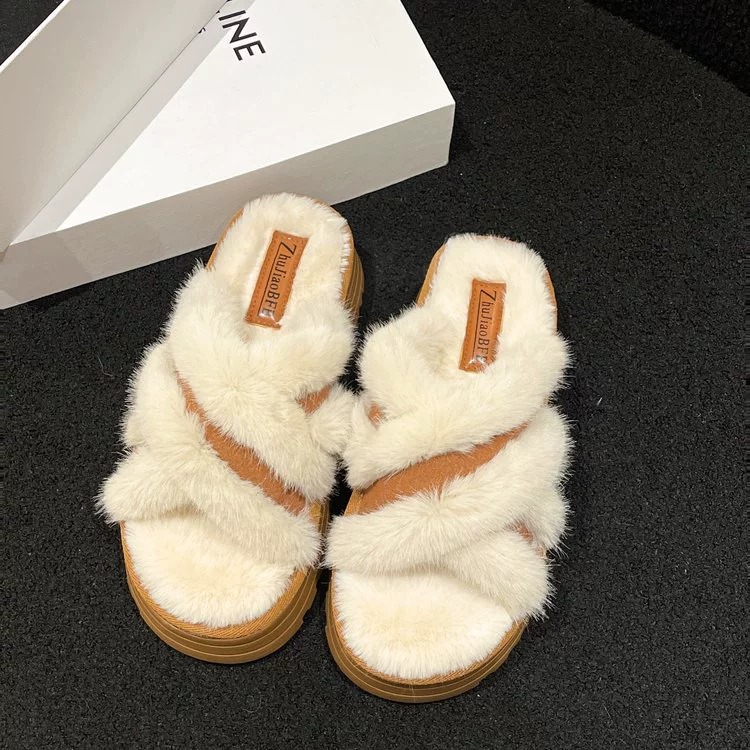 Pelzige Hausschuhe für Damenoberbekleidung im Herbst 2023, Baumwollhausschuhe mit offener Spitze_voghion.com