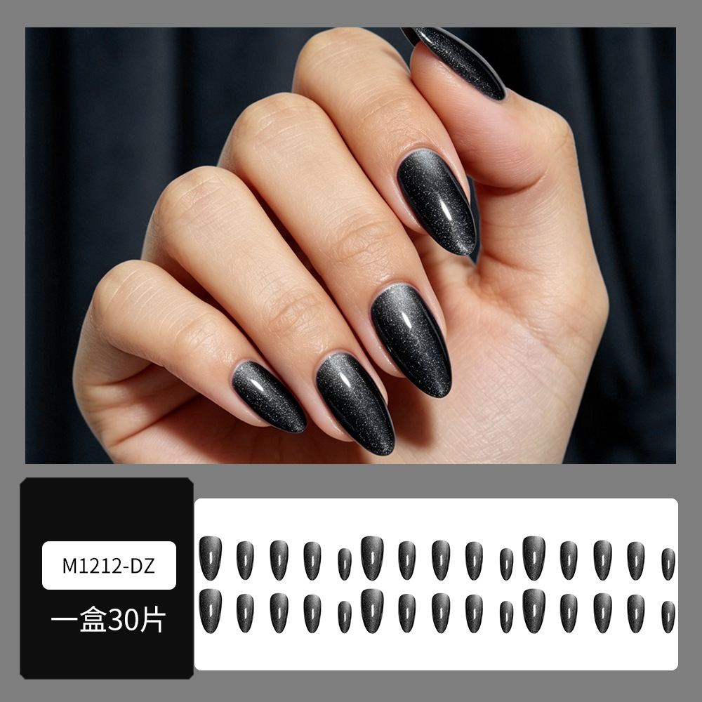 Ojos de gato transfronterizos 30 piezas de uñas negras sólidas, uñas falsas de ojos de gato, uñas de almendras largas, uñas simples image 7