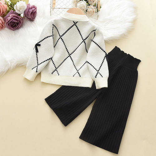 Girls bow sweater cardigan + woolen knitted wide-leg pants two-piece set little girl autumn sweater suit for outer wear