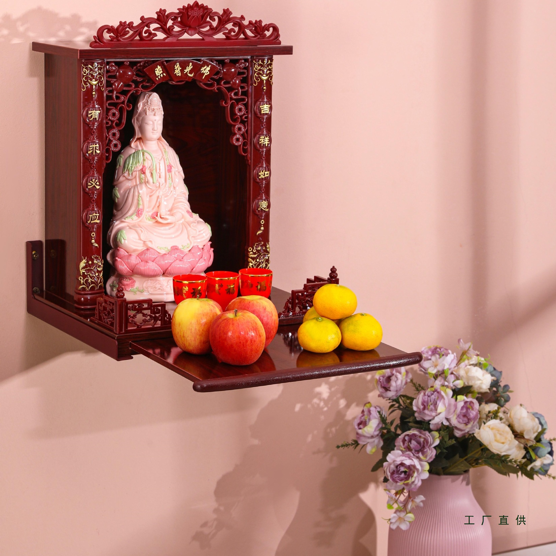 Lantern-Style God of Wealth Buddha Cabinet, Guanyin Paint-Free Buddhist Shrine, Wall-Mounted Shrine, Bodhisattva Buddha Statue, Offering Table