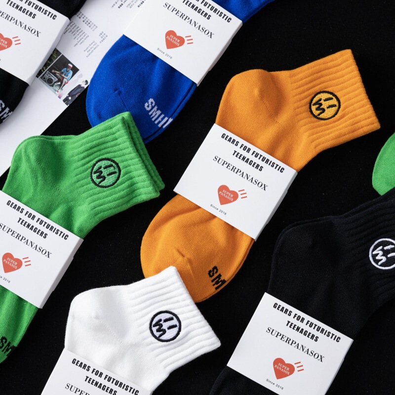 Socks for Men Spring and Summer Thin Smiley Face Ins Trendy Letter Embroider Low-Cut Waistband Breathable Sweat-Absorbent Sports Mid-Calf Cotton Socks