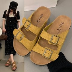2.5cm韓国版カジュアル一字バックル付きスリッパ女性外着2025レトロコルク厚い底露指ビーチサンダル