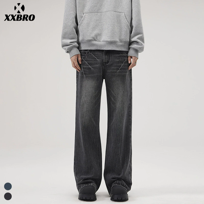 Xxbro мужские # американские высокие улицы vibe молнии трещины cleanfit широкие ножки микро-джинсы мужское