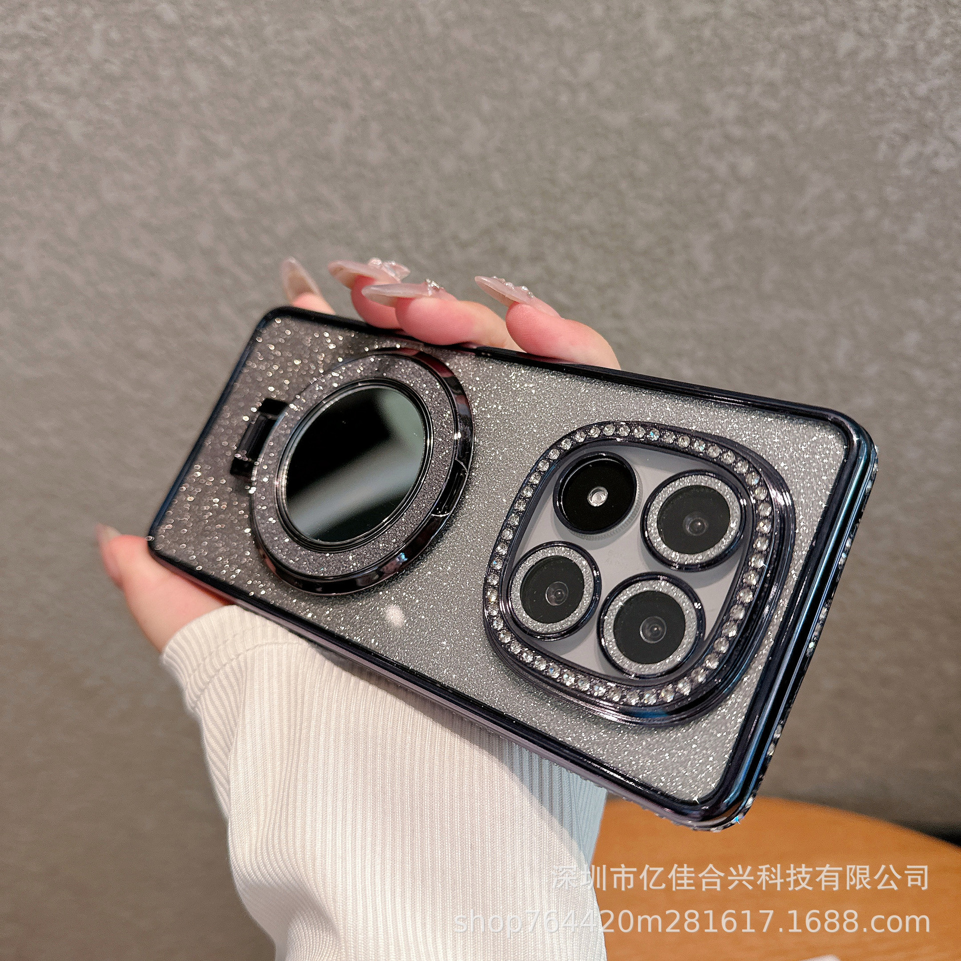 Aplicable Redmi NOTE14PRO Rhinestone Retocador Espejo Estuche para teléfono Xiaomi 14T todo incluido Soporte magnético de brillo