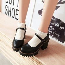 2021韩版浅口一字扣日系复古花边森女厚底粗跟水台单鞋女高跟鞋