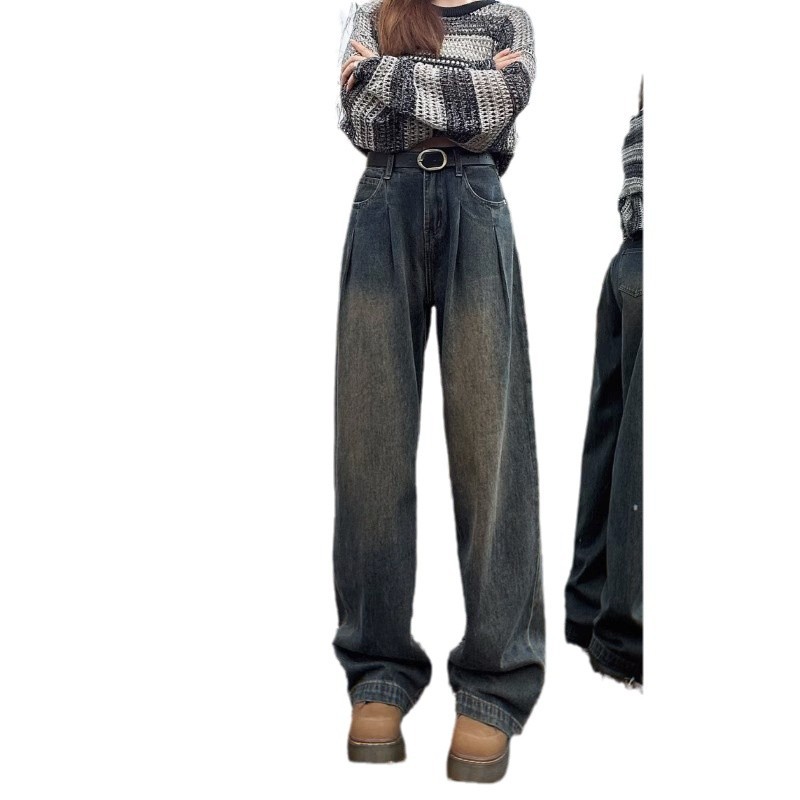 멀티 추천 기모 높은 허리 넓은 다리 청바지 여성의 2023 가을과 겨울 새로운 주름 디자인 느슨한