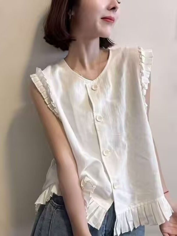 ヨーロッパスタイルの女性用ノースリーブシャツ2025夏韓国風ルーズデザイン年齢軽減カジュアル美しいレーストップ|undefined