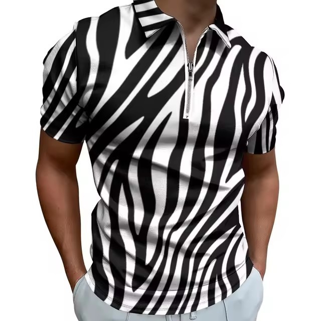 Camisa POLO con cremallera de manga corta suelta y transpirable con estampado 3D de graffiti a rayas irregulares de colores personalizados para hombres