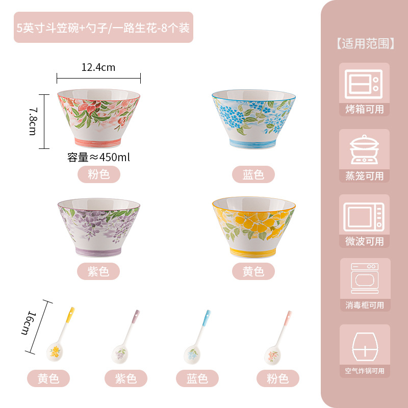 Tazón cónico de cerámica estilo japonés para uso doméstico, tazón para arroz, tazón de cerámica con color bajo esmalte, vajilla, nuevo modelo 2026, transfronterizo, apto para microondas.