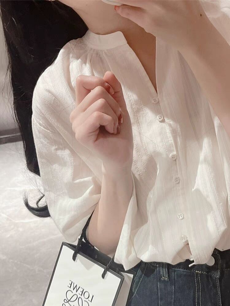 Áo sơ mi nữ tay bồng chất liệu cotton pha lanh kiểu Pháp — màu trắng