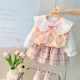女童秋季套装韩版秋装新款女童马甲白色衬衫格子裙三件套童装2051