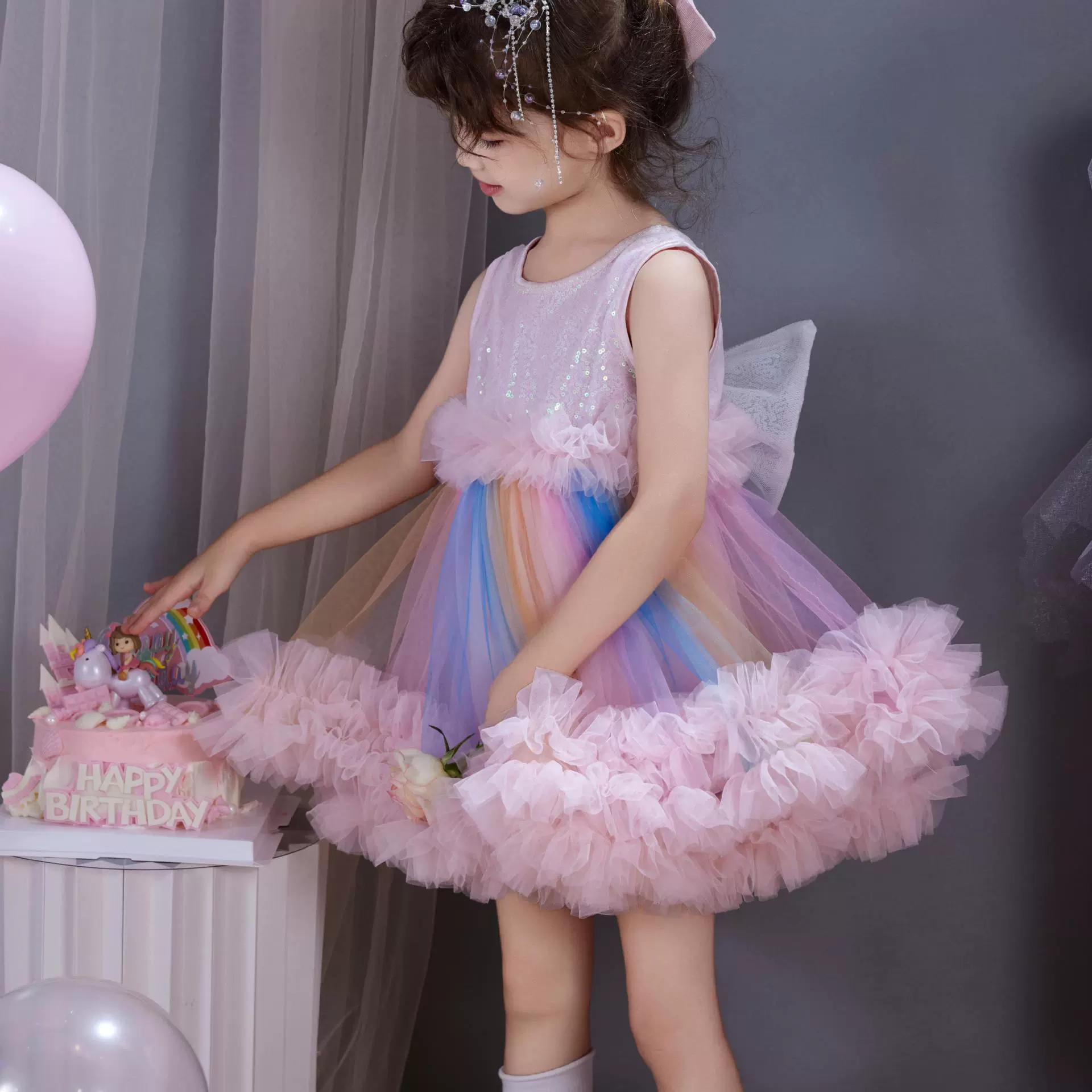 女童公主裙彩虹连衣裙网红爆款蓬蓬裙周岁生日礼服纱裙秋季套装潮