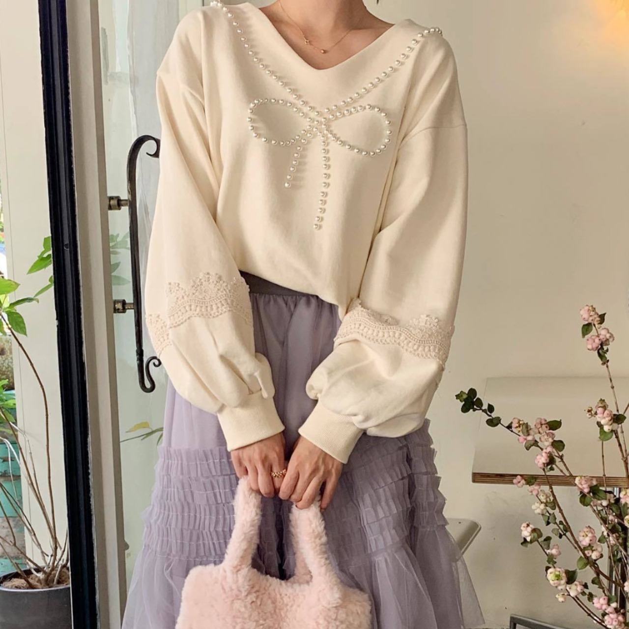 Sudadera coreana de otoño, nueva, estilo coreano, versátil, de moda, con encaje resistente, con cuentas y forro polar grueso.