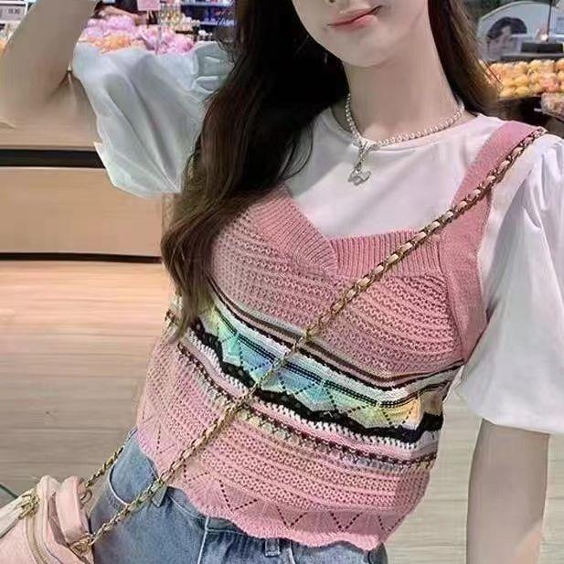 New French Sweet Cut Out Knitted Short Top Niche Fake Two-Piece Splicing Design Slimming Look Short-Sleeved T-Shirt