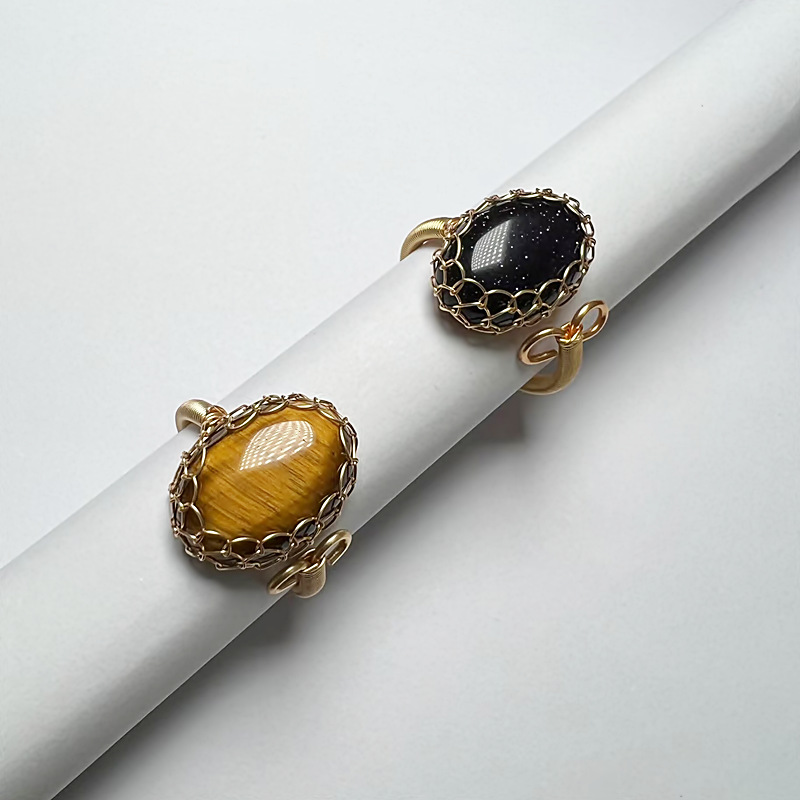 Retro Oval Blue San Tiger Eye Open Ring display picture 1