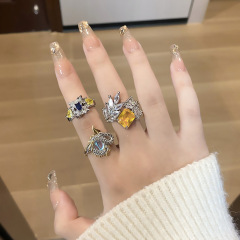 輕奢高級感莫桑石黃色閃鑽開口戒指時尚通勤簡約百搭個性食指戒