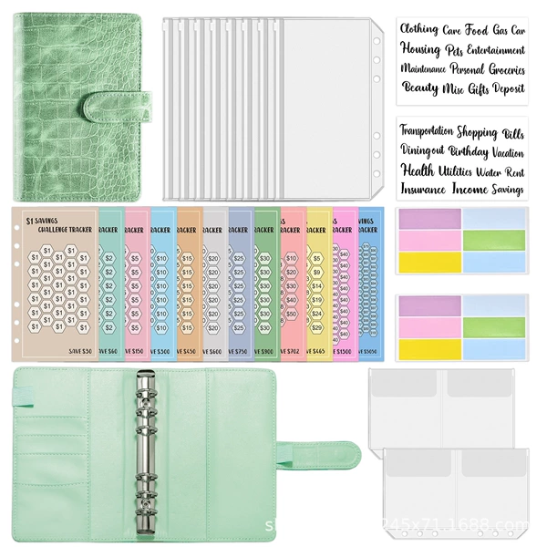 A6 Save Money Challenge-Crocodile pattern-green (zipper 8+ USD card paper 12+double pocket 2+6 stickers 2+B English stickers 2)