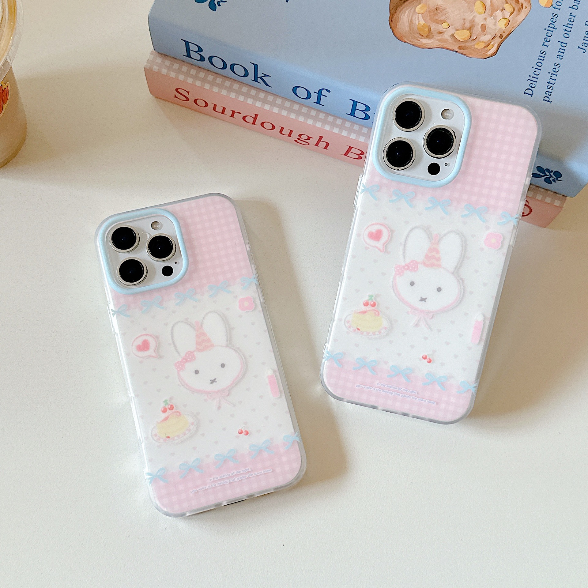 Pastel a cuadros en polvo coreano conejito para Apple 16ProMax funda para teléfono móvil 15Pro girl 14/13 pareja