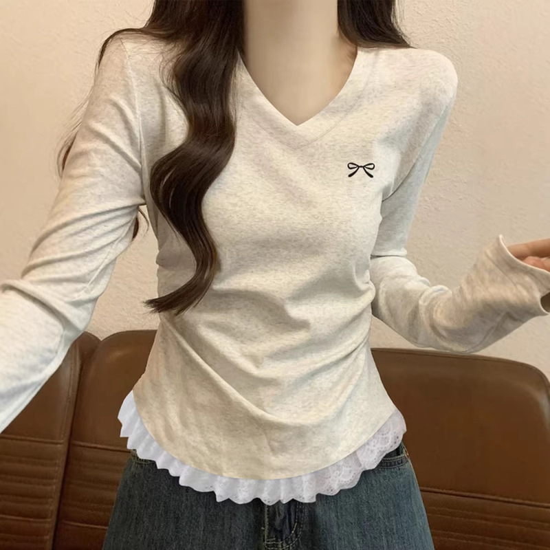 Beautiful V-Neck Waist-Cinching Top for Women, 2026 Spring and Autumn New Style, Particularly Attractive Inner Wear, Stunning Slim-Fit T-Shirt