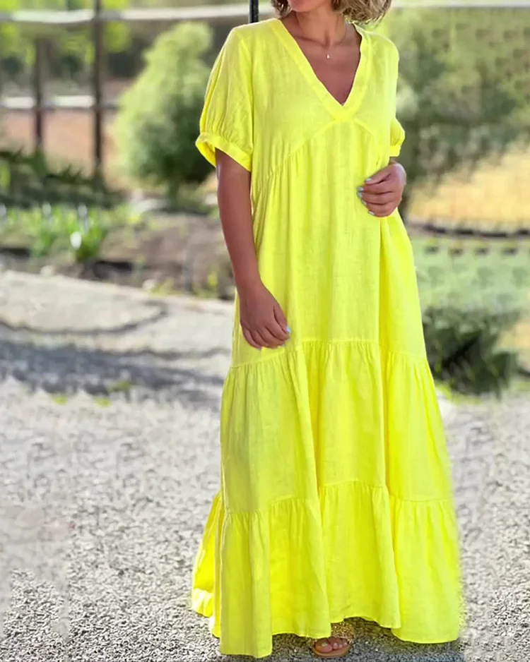 Nuovo abito lungo da donna con scollo a V irregolare, maniche corte, tinta unita e ampia scollatura_voghion.com