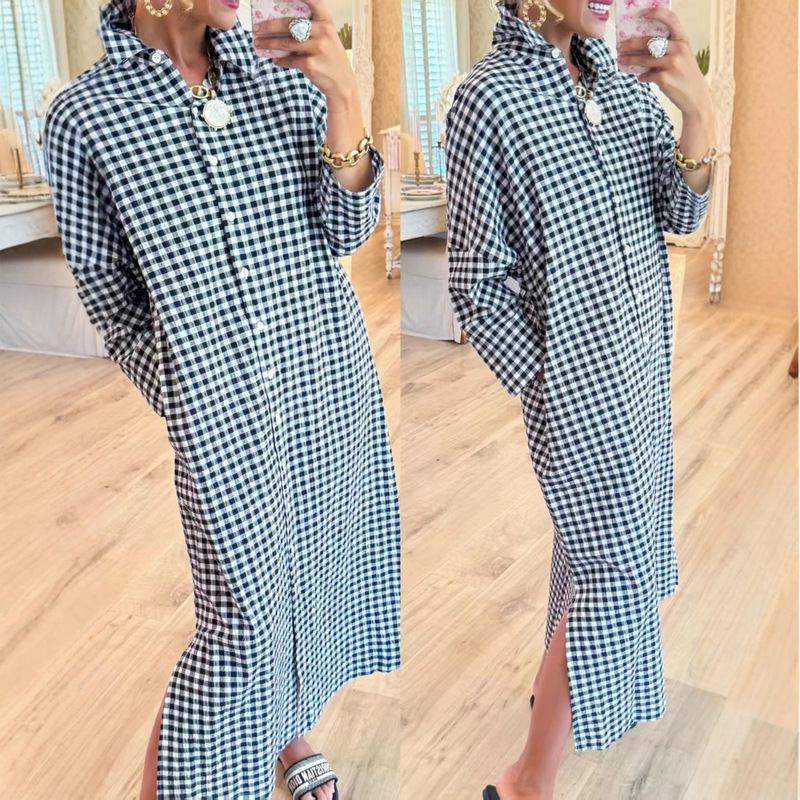 European and American Cross-Border Fashion Women's Plaid Loose Slimming Side Slit Long Over-The-Knee Shirt Dress Casual Dress