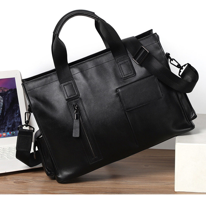 Túi xách tay nam da bò lớp đầu 40×13×29 cm đựng laptop 15.6 inch — Dây kéo dọc màu đen không có túi bên, Dây kéo dọc màu đen có túi bên chi tiết 3