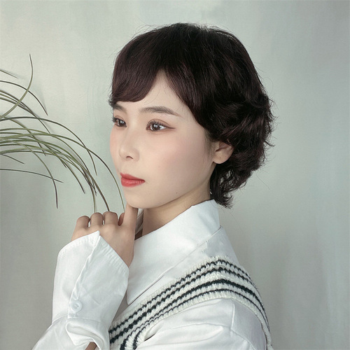 Wig for women with short hair, middle-aged and elderly breathable headgear, simulated head oblique bangs, fashionable lady mother's short curly hair