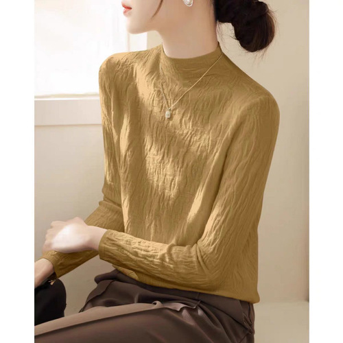 Women's Semi-High Collar Textured Knit Base Shirt with a Sense of Elegance for Autumn and Winter, Stylish and Comfortable for Inner Wear