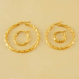 欧美18K不锈钢个性圆圈耳环女简约钛钢镀金波纹耳圈卡扣耳环批发