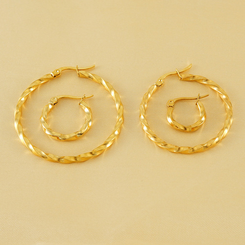 European and American 18K stainless steel personalized round hoop earrings for women, simple titanium steel gold-plated ripple ear hoops with clasp, wholesale