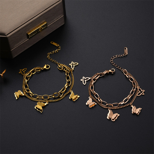 Korean minimalist rose gold double sand-blasted butterfly titanium steel bracelet, INSRARE design, exquisite double-layer women's bracelet