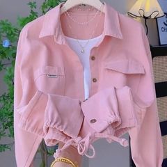 粉色Polo领纯棉衬衫外套女春秋季外搭开衫下摆抽绳宽松百搭衬衣女